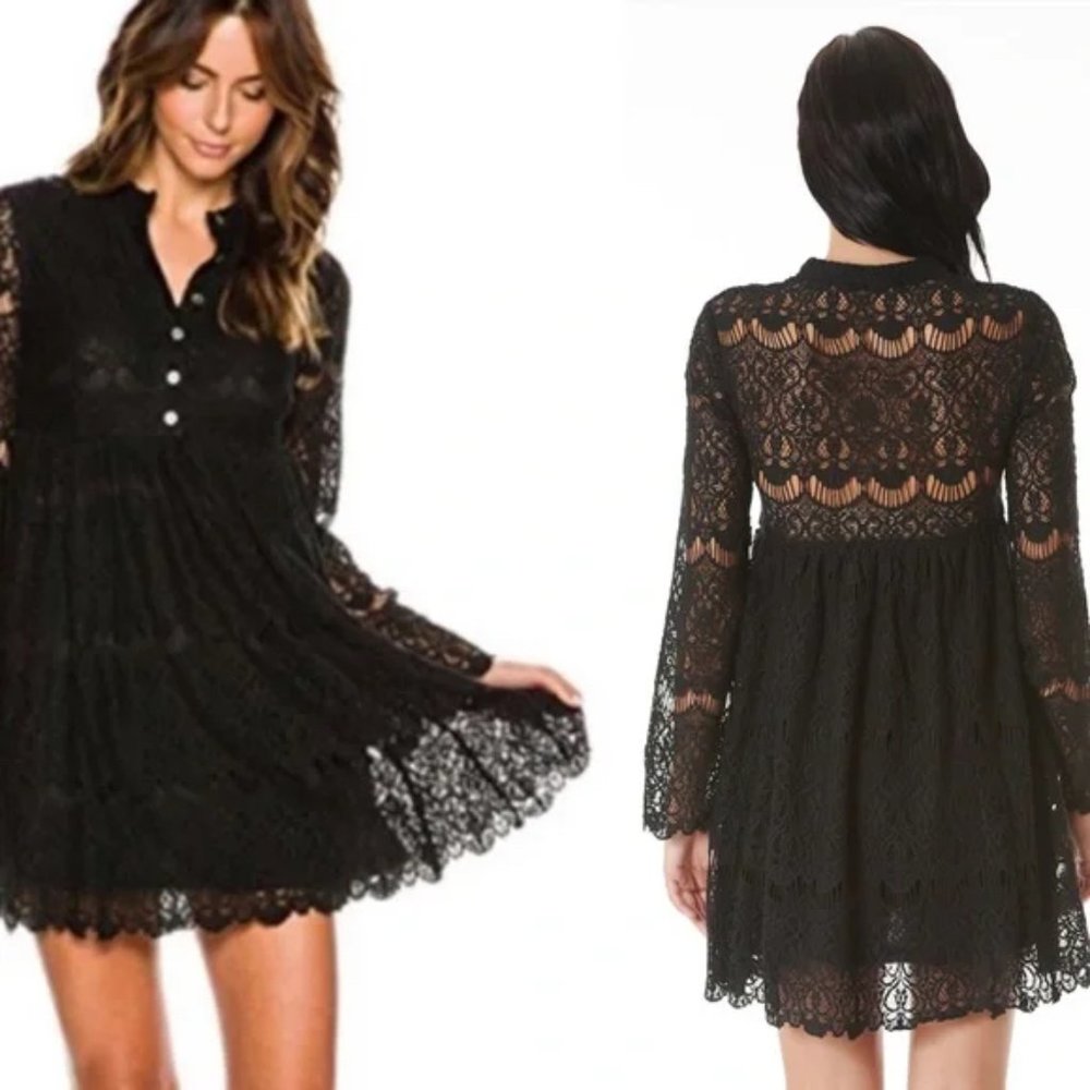 NWT Some Days Lovin Black Sleeved Lace Mini Midi Dress